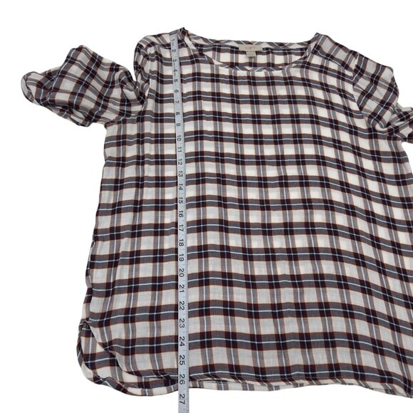 LOFT Outlet Pullover Plaid Long-Sleeve Rayon Blouse SZ L White & Multicolor - Picture 6 of 10